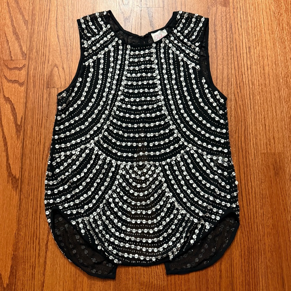 Parker black and white sequin beaded sleeveless top blouse size XS